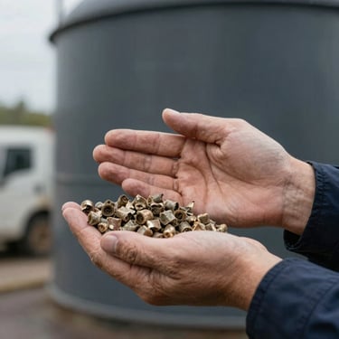 Hands of an inspector holding a raw sample of biomass pellets against a dark industrial background, overcast natural light.