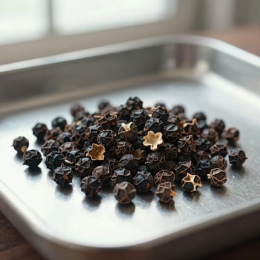 Close-up of dried whole black pepper and split nutmeg seeds on a raw steel tray, natural overcast light from a window, technical inspection feel.