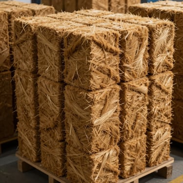 Industrial processing of raw coir fiber, golden-brown organic textures compressed into dense rectangular export blocks, structured warehouse environment.