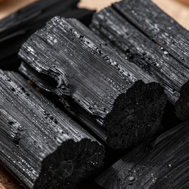 Macro close-up of raw coconut shell charcoal briquettes, rich textured dark surfaces, sharp geometric edges, high-contrast natural side light.