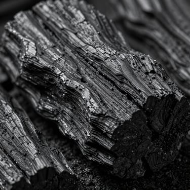 Macro close-up texture of raw lump hardwood charcoal, deep shadows, high-contrast natural light revealing rugged carbon facets.