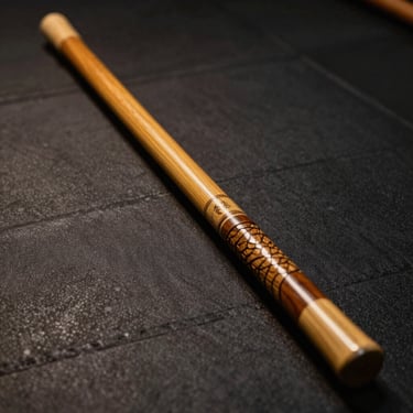 Close-up of a premium wooden Bo staff resting on a dark training mat, warm gold highlights
