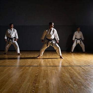 Clean shots of the polished training floor at Montgomery Martial Arts, side-lit