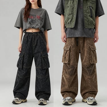 Close-up shot of heavy-weight cotton trackpants in charcoal gray, showing custom metal-tipped drawcords and deep zipper pockets