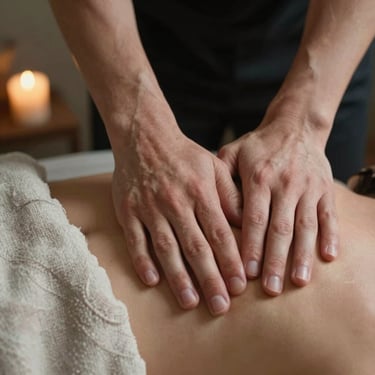 Close-up of hands applying rhythmic, slow pressure to a shoulder, dimly lit treatment room with soft candle glow, organic linen textures.
