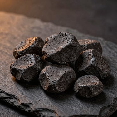 Detailed macro shot of hot basalt stones resting on a back, dark slate background, warm amber lighting casting soft shadows.