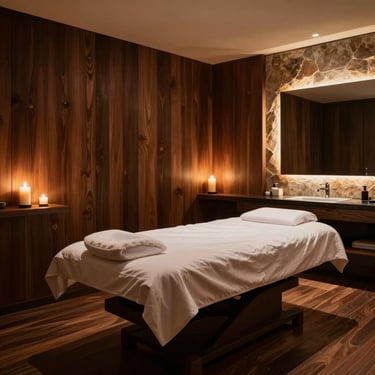 Atmospheric shot of a private luxury treatment room, warm candle light reflecting on dark wood and natural stone elements, absolute serenity.
