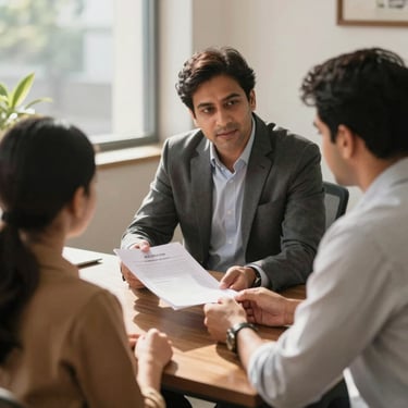 Warm natural daylight illuminating a professional consultation in a Jaipur office, an advisor showing a document to a family, soft shadows, authentic and reassuring.