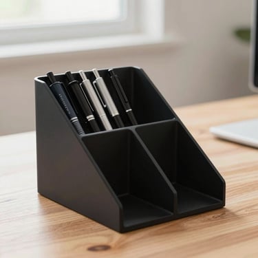 Matte black geometric desk organizer with sleek compartments, filled with premium pens, on a clean wooden desk