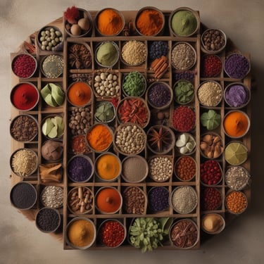 A rustic kitchen scene with fresh spices, homemade snacks, and a warm clay pot simmering on a stove.