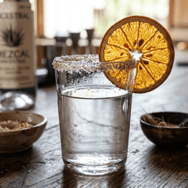 Mezcal con una rebanada de naranja deshidratada