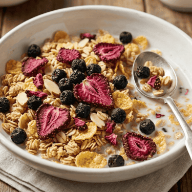 Cereal con fresas y moras deshidratadas