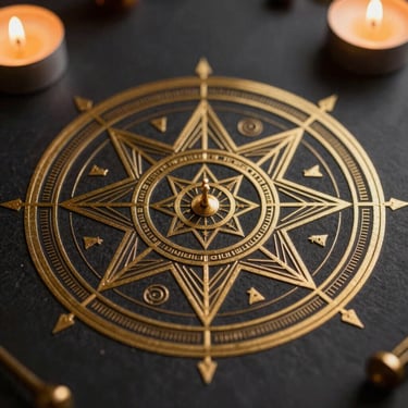 Macro close-up of an ink-on-paper geometric Kundli diagram with precise brass-gold line work, illuminated by warm candlelight against a dark parchment background.