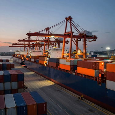 Wide-angle orbital view of a major shipping port at dusk, high-contrast shadow play on container stacks, safety-orange thermal overlays indicating activity.