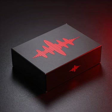 High-fidelity 3D render of a virtual software box with abstract red audio waveforms on a dark metallic surface, 50mm lens