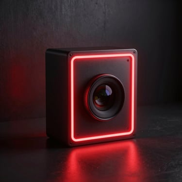 High-fidelity 3D render of a virtual software box with glowing red neon lights, dark metallic background, 50mm lens