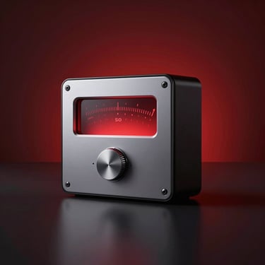 High-fidelity 3D render of a virtual software box with minimalist silver and red audio meters, dark studio setting, 50mm lens