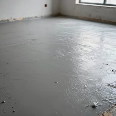 Perfectly leveled, smooth grey screed subfloor preparation in a bright room