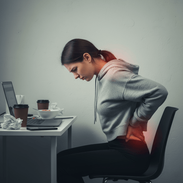 a woman sitting at a desk with a laptop, suffering from back pain and bad posture sitting too long