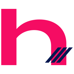 a pink and blue logo with the letter h