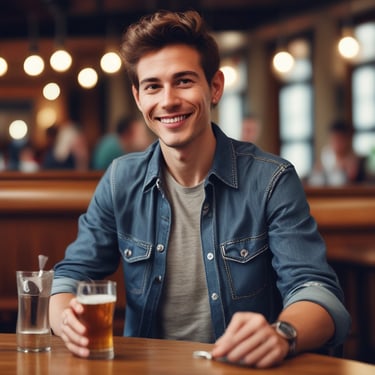 A smiling person holding a product with a thumbs up gesture.