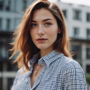 woman in white and blue checked dress shirt polish