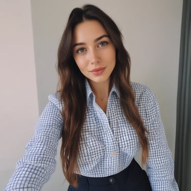 woman in white and blue checked dress shirt polish