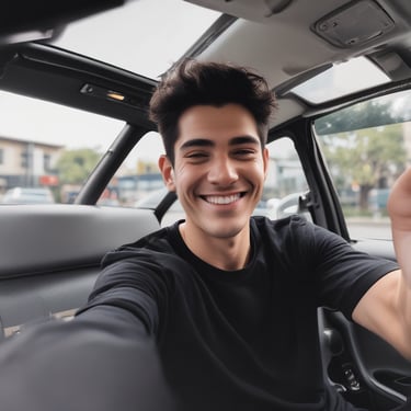 A close-up of fashion accessories including a black belt with a silver Medusa logo buckle, a rose gold analog watch with a black strap, and a folded red tie on top of blue and white clothing material.