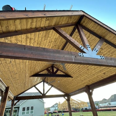 Wood Patio with Large Beams and Sloped Ceiling