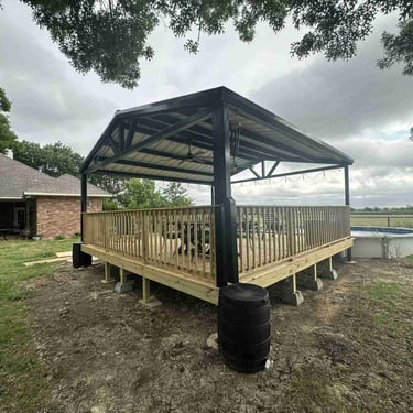 Metal Patio at the Backyard with Wood Deck