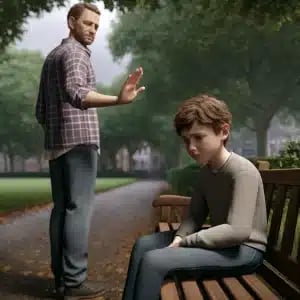 a man and a woman sitting on a bench in a park