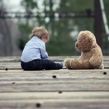 a little boy sitting on a wooden bridge