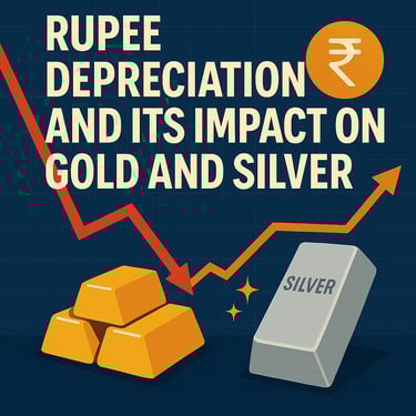 Gold and silver with rupee symbols, reflecting currency impact on precious metal investments & ETFs.