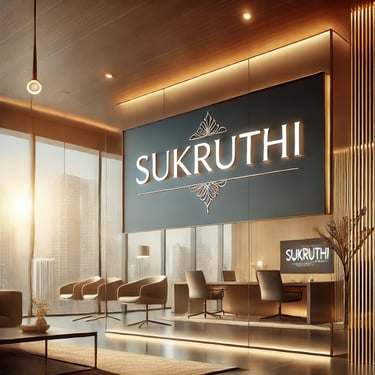 A modern office of 'Sukruthi' displayed on the wall, featuring warm lighting & contemporary decor.