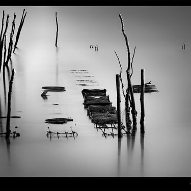 une photo noir et blanc en pose longue représentant la culture ostréicole du bassin d'Arcachon              