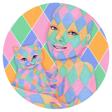 acrylic painting of a colorful furry woman holding a cat and smiling. 