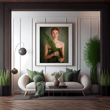 a large wall art hanging in a beautiful and modern living room, with olive green and beige interiors