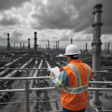 A person wearing a white hard hat and an orange safety vest is standing on a high platform, examinin