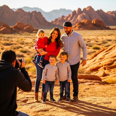 a family posing for a family photo in the desert