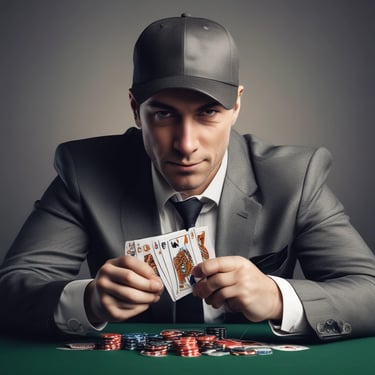 A person with shoulder-length hair is sitting at a poker table. They are wearing a white shirt, black vest, and tie, with an array of poker chips in front of them. There are two glasses with drinks on the table, and a smartphone is placed nearby. The background consists of vertical striped curtains.