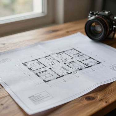 Close-up detail of architectural blueprints and structural calculations on a wooden desk, soft daylight from a window, professional atmosphere.