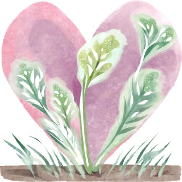 Watercolour image of a heart with plants growing inside it representing healing and personal growth