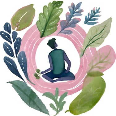 Watercolour image of client sitting holding a leaf, surrounded by diverse leaves representing growth