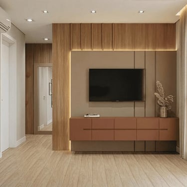 Painel de TV em tons amadeirados e fendi com rack suspenso terracota planejado pela Wood Decor em Campo Largo.