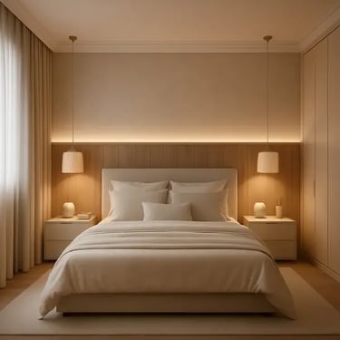 Dormitório de casal planejado clean com painel de madeira iluminado e design minimalista.