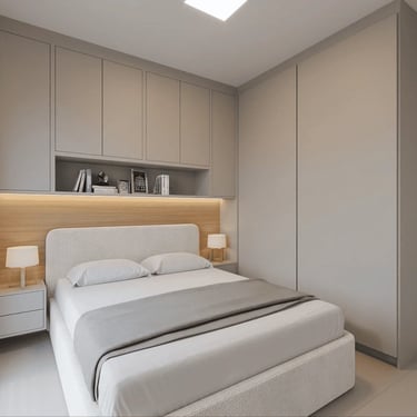  Móveis planejados para quarto pequeno com guarda-roupa em ponte sobre a cama e iluminação LED.