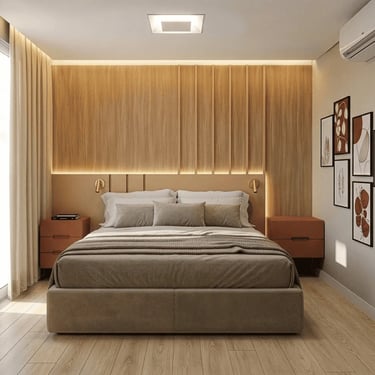 Quarto de casal com painel de cabeceira amadeirado com LED e mesas de cabeceira planejado pela Wood Decor em Campo Largo.
