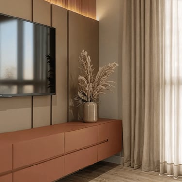 Detalhe de rack suspenso planejado pela Wood Decor em Campo Largo na cor terracota, painel de TV e iluminação LED.
