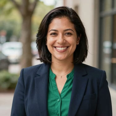 Professional headshot of a female community coordinator, natural light, smiling, 35mm