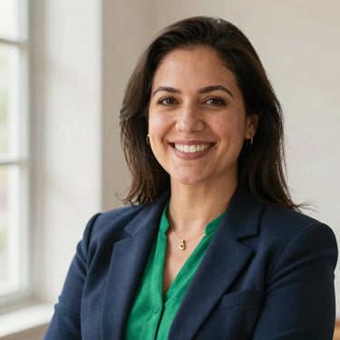 Professional headshot of a female community leader, warm natural window light, friendly smile, clean background, 35mm